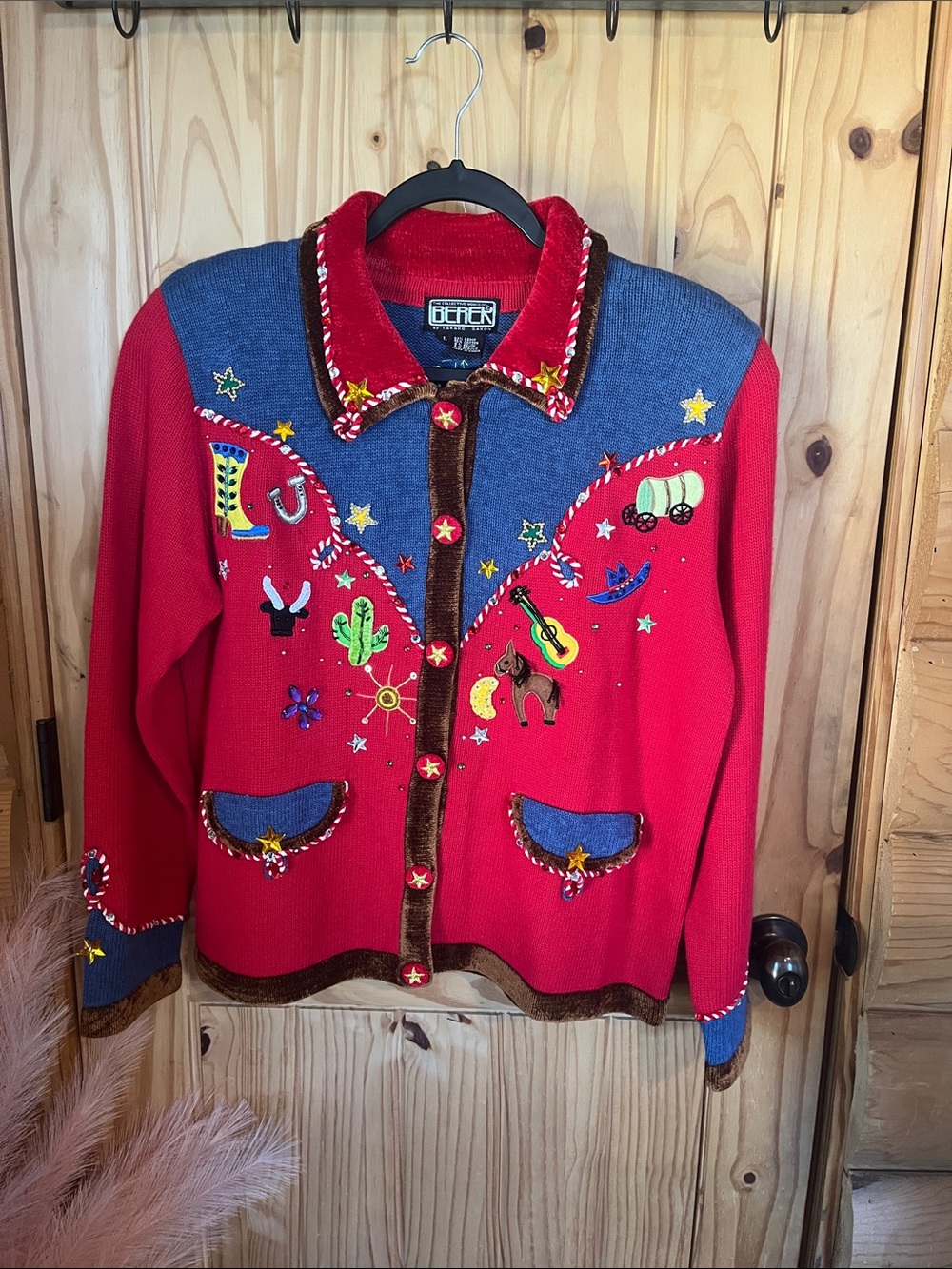 Berek Vintage Red Embroidered and Beaded Western Cardigan with Blue Yoke